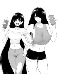 Rule 34 | 2girls, bare shoulders, blush, bra, breasts, choker, cleavage, commentary, commission, crop top, cup, denim, disposable cup, drinking straw, earrings, english commentary, female focus, hair over one eye, happy, highres, holding, holding cup, jeans, jewelry, long hair, looking at another, medium breasts, midriff, monochrome, mother and daughter, multiple girls, norman maggot, original, pants, pinky out, see-through, shirt, short shorts, shorts, simple background, sleeveless, smile, standing, torn clothes, torn jeans, torn pants, underwear, very long hair, white background
