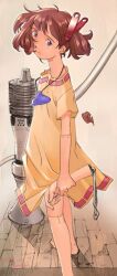 Rule 34 | 1girl, barefoot, blue eyes, brown hair, closed mouth, dress, food, foot out of frame, hair ornament, instrument, jewelry, josette, looking at viewer, ocarina, ogata kouji, short hair, short twintails, solo, twintails, wonder project j2