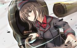 Rule 34 | 10s, 1girl, ammunition, black hat, black jacket, brown eyes, brown hair, closed mouth, debris, dodging, garrison cap, girls und panzer, hat, i.f.s.f, jacket, long sleeves, looking at viewer, military, military hat, military uniform, military vehicle, motor vehicle, nishizumi maho, red shirt, shell (projectile), shirt, short hair, solo, tank, tank cupola, twitter username, uniform, upper body, white background
