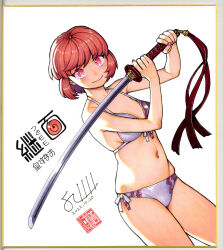 Rule 34 | 1girl, bare arms, bare shoulders, bra, breasts, character name, commentary request, copyright name, dated, hamada yoshikazu, highres, holding, holding sword, holding weapon, katana, looking at viewer, medium breasts, navel, official art, panties, photo (medium), red eyes, red hair, shikishi, short hair, signature, simple background, smile, solo, stomach, sumeragi sunao, sword, tassel, thighs, traditional media, tsugumomo, underwear, underwear only, weapon, white background, white bra, white panties