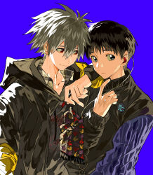 Rule 34 | 2boys, absurdres, arm on another&#039;s shoulder, blue background, blue eyes, closed mouth, collar tug, earbuds, earphones, highres, holding, holding earphones, hood, hooded jacket, ikari shinji, jacket, looking at another, male focus, multiple boys, nagisa kaworu, neon genesis evangelion, open clothes, open jacket, red eyes, scarf, simple background, smile, white hair, xi luo an ya