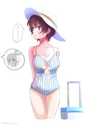 Rule 34 | ..., 2girls, absurdres, akaboshi koume, arms behind back, ball, bikini, blue eyes, blue one-piece swimsuit, breasts, brown hair, chibi, chibi inset, closed mouth, commentary, cropped legs, girls und panzer, green bikini, hair wagging, hat, highres, holding, holding ball, itsumi erika, luggage, medium breasts, medium hair, motion lines, multiple girls, one-piece swimsuit, oze (xyz go go11), rolling suitcase, short hair, silver hair, solo focus, speech bubble, spoken ellipsis, standing, striped clothes, striped one-piece swimsuit, suitcase, sun hat, swimsuit, thigh gap, twitter username, vertical-striped clothes, vertical-striped one-piece swimsuit, volleyball, volleyball (object), wavy hair, white headwear