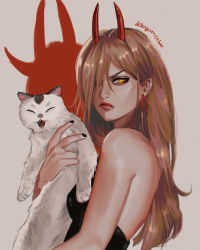 Rule 34 | 1girl, absurdres, animal, bare shoulders, black dress, black nails, breasts, brown hair, cat, chainsaw man, cross-shaped pupils, crosshair pupils, demon horns, dress, earrings, fang, from side, hair over one eye, highres, holding, holding animal, holding cat, horns, jewelry, lips, long hair, looking at viewer, meowy (chainsaw man), nail polish, nose, power (chainsaw man), red horns, shadow, small breasts, symbol-shaped pupils, yellow eyes, zu yuan cesar