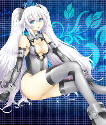 Rule 34 | 10s, 1girl, :o, anklet, aogu, aqua eyes, armlet, bare shoulders, black heart (neptunia), blue eyes, breasts, cleavage, cleavage cutout, clothing cutout, female focus, from side, gloves, gradient background, grey thighhighs, grid, hair between eyes, halterneck, hand on own knee, headgear, highres, jewelry, kami jigen game neptune v, knee up, leotard, long hair, looking at viewer, magical girl, neptune (series), noire (neptunia), open mouth, power symbol, power symbol-shaped pupils, sitting, solo, symbol-shaped pupils, thighhighs, thighs, turtleneck, twintails, vambraces, very long hair, white hair