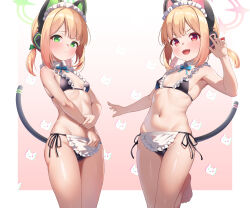 Rule 34 | 2girls, :d, absurdres, animal ear headphones, animal ears, bikini, black bikini, blonde hair, blue archive, bow, breasts, cat ear headphones, closed mouth, commentary, fake animal ears, fake tail, frilled bikini, frills, gradient background, green bow, green eyes, green halo, hair bow, halo, hand up, headphones, highres, looking at viewer, maid, maid bikini, midori (blue archive), midori (maid) (blue archive), momoi (blue archive), momoi (maid) (blue archive), multiple girls, navel, open mouth, pink background, pink halo, red eyes, short hair, siblings, side-tie bikini bottom, sisters, small breasts, smile, sonao, standing, swimsuit, tail, thighs, twins, unconventional maid