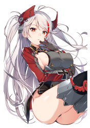 Rule 34 | 1girl, absurdres, ass, azur lane, black gloves, blush, breasts, covered erect nipples, cross, dress, gloves, hand on own face, hand up, headgear, highres, iron cross, kat (bu-kunn), lips, long hair, long sleeves, looking at viewer, medium breasts, mole, mole on breast, multicolored hair, orange eyes, parted lips, prinz eugen (azur lane), red hair, shiny skin, short dress, sideboob, silver hair, simple background, sitting, solo, thighhighs, thighs, two-tone hair, white background