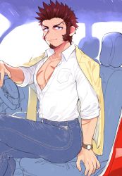 Rule 34 | 1boy, abs, beard, belt, blue eyes, brown hair, car interior, collar, driver (kamen rider), facial hair, fate/grand order, fate (series), goatee, jacket, jacket on shoulders, large pectorals, long sideburns, long sleeves, looking at viewer, male focus, manly, muscular, napoleon bonaparte (fate), official alternate costume, open clothes, open shirt, pants, pectoral cleavage, pectorals, scar, shitappa, sideburns, sitting, smile, solo, tight clothes, unbuttoned, upper body, watch