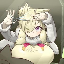 Rule 34 | 1girl, alpaca ears, alpaca suri (kemono friends), alternate breast size, animal ears, arms up, blonde hair, breasts, closed mouth, cutting hair, expressionless, eyes visible through hair, fur-trimmed sleeves, fur scarf, fur trim, hair bun, hair over one eye, highres, holding, holding scissors, horizontal pupils, huge breasts, kemono friends, long hair, long sleeves, looking up, miji doujing daile, mirror, neck ribbon, one eye closed, purple eyes, reflection, ribbon, scarf, scissors, shirt, single hair bun, solo, sweater vest, upper body