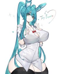 Rule 34 | 1girl, absurdres, black thighhighs, blue hair, blush stickers, bow, bowtie, breasts, cleavage, five nights at freddy&#039;s, five nights at freddy&#039;s 2, freckles, furry, furry female, green eyes, green hair, hands on own chest, heart, highres, huge breasts, long hair, mechanical ears, multicolored hair, rabbit ears, rabbit girl, rabbit tail, red bow, red bowtie, robot girl, shirt, sidelocks, thick thighs, thighhighs, thighs, togetoge, toy bonnie, twintails, very long hair, white shirt, wide hips