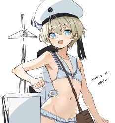 1girl absurdres bag bigkwl bikini bikini_skirt blue_eyes clothes_writing cooler dated flat_chest grey_hair hat highres kantai_collection lowleg lowleg_bikini machinery microskirt navel one-hour_drawing_challenge sailor_bikini sailor_collar sailor_hat short_hair shoulder_bag simple_background skirt smokestack solo swimsuit twitter_username white_background white_bikini white_hat white_sailor_collar z1_leberecht_maass_(kancolle) z1_leberecht_maass_(swimsuit_mode)_(kancolle)