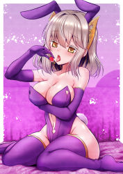Rule 34 | 1girl, animal ears, arm under breasts, arm up, bare shoulders, blush, breasts, brown hair, cleavage, colored eyelashes, covered erect nipples, elbow gloves, food, fruit, gloves, hair between eyes, hand to own mouth, hand up, headgear, highres, holding, holding food, junji (jyuxjyux), large breasts, legs, leotard, medium hair, navel, open mouth, playboy bunny, purple background, purple gloves, purple legwear, purple leotard, rabbit ears, rabbit tail, revealing clothes, shiny skin, shironeko project, sitting, strapless, strapless leotard, strawberry, thick thighs, thighhighs, thighs, tongue, tongue out, wariza, wide hips, yellow eyes