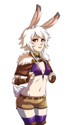 Rule 34 | 1girl, animal ears, belt, bikini, bikini top only, boots, breasts, bridal gauntlets, broken, broken chain, brown belt, brown capelet, brown footwear, brown gloves, brown shorts, bunny (d-rex), capelet, chain, cleavage, collar, commentary, cowboy shot, d-rex, fingerless gloves, fur trim, gloves, looking at viewer, midriff, navel, original, parted lips, purple bikini, purple legwear, purple thighhighs, rabbit ears, rabbit girl, rabbit tail, red eyes, short hair, short hair with long locks, short shorts, shorts, small breasts, smile, solo, swimsuit, tail, thigh boots, thighhighs, thighhighs under boots, white hair