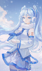 Rule 34 | 1girl, 2023, absurdres, arm tattoo, bare shoulders, blue eyes, blue shirt, blue skirt, blue theme, blue thighhighs, buttons, chinese commentary, cloud, commentary request, cowboy shot, dated, detached sleeves, earmuffs, fur collar, hair between eyes, hair ornament, hatsune miku, highres, light smile, long hair, looking at viewer, mie haha, mittens, number tattoo, outdoors, parted lips, shirt, signature, skirt, sky, snow, snowflake print, snowflakes, snowing, solo, standing, tattoo, thighhighs, twintails, two-tone shirt, two-tone skirt, vocaloid, weibo logo, weibo watermark, white mittens, white shirt, white skirt, white sleeves, wide sleeves, yuki miku, yuki miku (2011), zettai ryouiki