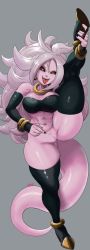 Rule 34 | 1girl, abs, android 21, black nails, black sclera, boots, bottomless, bracelet, breasts, cleft of venus, colored sclera, colored skin, curvy, detached sleeves, dragon ball, dragon ball fighterz, earrings, high heel boots, high heels, highres, hoop earrings, jewelry, large breasts, lyn nyl, majin android 21, messy hair, nail polish, noblood (ryandomonica), open mouth, pink skin, pussy, red eyes, solo, tail, thick thighs, thigh boots, thighhighs, thighs, tongue, tongue out, white hair