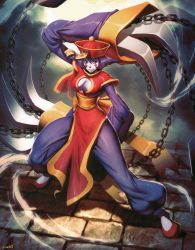 Rule 34 | 1girl, absurdres, blue skin, breasts, capcom, cleavage, cleavage cutout, clothing cutout, colored skin, full body, genzoman, hat, highres, huge weapon, jiangshi, large breasts, legs apart, lei lei, pelvic curtain, qingdai guanmao, solo, standing, tabard, vampire (game), weapon
