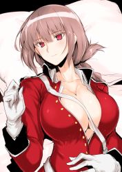 Rule 34 | 1girl, breasts, cleavage, fate/grand order, fate (series), florence nightingale (fate), garter straps, gloves, hair between eyes, halcon, hand on own stomach, hand up, highres, jacket, large breasts, lying, military, military uniform, no bra, nurse, on back, open clothes, open jacket, partially unbuttoned, red eyes, rubber gloves, sidelocks, smile, solo, uniform, upper body, white legwear