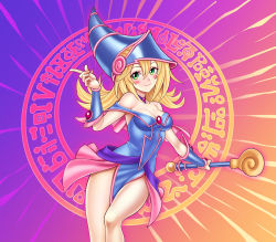 Rule 34 | 1girl, absurdres, bare shoulders, blonde hair, blue background, blush stickers, bracer, breasts, dark magician girl, duel monsters, gradient background, green eyes, hat, highres, large breasts, long hair, looking at viewer, looking back, magic circle, orange background, pelvic curtain, pink background, pink skirt, simple background, skirt, smile, solo, staff, thighs, titiartwork, two-tone background, wide hips, wizard hat, yu-gi-oh!
