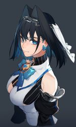 Rule 34 | 1girl, bare shoulders, black hair, blue eyes, bow, bow earrings, bowtie, breasts, chain, detached sleeves, earrings, eus ing, grey background, hair between eyes, hair intakes, heart, highres, hololive, hololive english, jewelry, looking at viewer, ouro kronii, simple background, solo, upper body, virtual youtuber, zipper, zipper pull tab