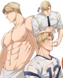 Rule 34 | 1boy, abs, absurdres, bara, cowboy shot, eating, half-closed eyes, highres, large pectorals, male focus, mature male, multiple views, muscular, muscular male, navel, nipples, original, pectorals, rugby uniform, salaryman, see-through, short hair, sportswear, standing, stomach, sweat, thick eyebrows, topless male, towel, very sweaty, yuche (skysin0830)