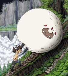 Rule 34 | 1boy, 1girl, artist name, ball, brown hair, bush, clenched teeth, cloud, commentary, dark-skinned female, dark skin, english commentary, faputa, fluff, from side, frown, looking at another, made in abyss, mechanical arms, mountain, o o, outdoors, pushing, regu (made in abyss), sisyphus (max klinger), stairs, teeth, tree, tsai agw, whiskers