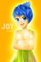 Rule 34 | 1girl, :d, absurdres, animification, artist name, bad id, bad pixiv id, bare shoulders, blue eyes, blue hair, character name, colored skin, dress, green dress, highres, inside out, joy (inside out), looking at viewer, matching hair/eyes, multiple girls, open mouth, pixar, short hair, simple background, smile, solo, sparkle, torakun14, yellow skin