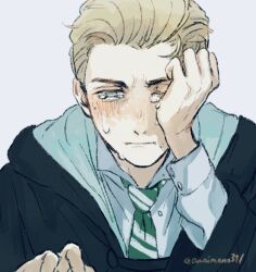 1boy black_coat black_robe blind blonde_hair coat crying crying_with_eyes_open green_necktie harry_potter_(series) hogwarts_legacy hogwarts_school_uniform hooded_robe kaidou_(na10ki3wa7) necktie ominis_gaunt robe school_uniform short_hair slytherin streaming_tears striped_necktie tears wiping_tears wizarding_world