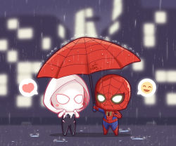 Rule 34 | 1boy, 1girl, animification, blush stickers, bodysuit, breasts, building, chibi, dated, gwen stacy, heart, holding, holding umbrella, hood, hooded bodysuit, kuso white, marvel, night, outdoors, peter parker, rain, signature, small breasts, spider-girl, spider-gwen, spider-man, spider-man (series), spoken heart, superhero costume, umbrella
