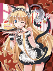 Rule 34 | 1girl, animal ears, blonde hair, blue eyes, cake, cat, cat ears, cat tail, finger to mouth, food, holding, lolita fashion, looking at viewer, maid, maid headdress, plate, pleated skirt, skirt, solo, tail, waitress, wink, youta