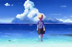 Rule 34 | 1boy, arms at sides, bad id, beach, blonde hair, blouse, blue shirt, blue theme, cloud, day, closed eyes, facial mark, jewelry, male focus, md5 mismatch, n y, naruto, naruto (series), necklace, ocean, outdoors, shirt, shoes, unworn shoes, sky, solo, spiked hair, uzumaki naruto, wading, water, whisker markings, aged down
