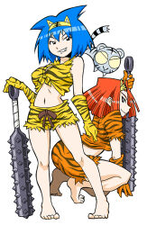 amu_ru animal_ear_headband animal_print aqua_hair benga_ru black_eyes black_outline black_tail blunt_ends breasts closed_mouth club club_(weapon) colored_sclera cub elbow_gloves full_body gloves hair_between_eyes headband holding holding_club holding_weapon kanabou large_breasts legs_apart looking_at_viewer mature_female midriff mukku_(mook-tv) navel no_pupils official_art on_one_knee oni_costume orange_gloves orange_hair orange_shirt orange_shorts orange_sleeves outline profile second-party_source shiro_kotora shirt short_hair short_sleeves shorts simple_background sleeveless sleeveless_shirt smile spiked_club standing straight_hair striped_clothes striped_fur striped_gloves striped_headband striped_shirt striped_shorts striped_sleeves striped_tail tail teeth tied_shirt tiger tiger_print tora_da_yo. toranoana tsurime weapon white_background white_fur white_tail yellow_gloves yellow_headband yellow_sclera yellow_shirt yellow_shorts