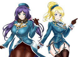 Rule 34 | 2girls, atago (kancolle), atago (kancolle) (cosplay), ayase eli, black gloves, black legwear, blonde hair, blue eyes, breasts, cosplay, garter straps, gloves, green eyes, hat, huge breasts, kantai collection, long hair, love live!, love live! school idol project, low twintails, military, military uniform, multiple girls, nyantamaran, one side up, pantyhose, ponytail, purple hair, scrunchie, skirt, smile, takao (kancolle) (cosplay), takao (kancolle), thighhighs, tojo nozomi, twintails, uniform