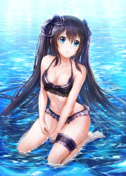 Rule 34 | 1girl, absurdly long hair, bad id, bad pixiv id, bare arms, bare shoulders, barefoot, bikini, black bikini, black bow, black hair, blue eyes, bow, breasts, bridal garter, cleavage, closed mouth, commentary request, day, frilled bikini, frills, hair between eyes, hair bow, long hair, looking at viewer, looking away, looking to the side, lunacle, medium breasts, navel, original, outdoors, shallow water, sidelocks, sitting, soles, solo, swimsuit, very long hair, wariza, water