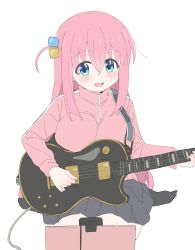 Rule 34 | 1girl, absurdres, black skirt, black socks, blue eyes, blush, bocchi the rock!, breasts, computer, crossed bangs, cube hair ornament, electric guitar, gotoh hitori, guitar, hair between eyes, hair bobbles, hair ornament, hair over eyes, highres, holding, holding instrument, instrument, jacket, laptop, large breasts, long bangs, long hair, one side up, open mouth, pink hair, pink jacket, pleated skirt, seiza, simple background, sincos, sitting, skirt, smile, socks, solo, strap, track jacket, webcam, white background