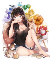 Rule 34 | 1girl, barefoot, bird, black hair, blue eyes, blue shorts, blush, breasts, burger, cat, chicken, cleavage, collarbone, cup, disposable cup, food, french fries, full body, hair ornament, hairclip, highres, hiromaster sinta jh, holding, holding food, ice cream, large breasts, licking, licking finger, long hair, looking at viewer, open clothes, open shirt, original, shorts, sidelocks, sitting, smile, solo, tank top, thighs