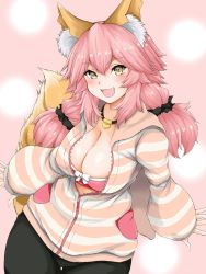Rule 34 | 1girl, alternate hairstyle, animal ear fluff, animal ears, blush, bra, breasts, cleavage, fang, fate/extra, fate/extra ccc, fate (series), fox ears, fox girl, fox tail, highres, jacket, large breasts, looking at viewer, official alternate costume, open clothes, open jacket, open mouth, pink bra, pink hair, ryou (619-619), solo, tail, tamamo (fate), tamamo no mae (fate/extra), tamamo no mae (spring casual) (fate), underwear, yellow eyes