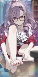 Rule 34 | 1girl, :o, absurdres, barefoot, black-framed eyewear, blush, bow, breast press, breasts, chest tattoo, drill hair, feet, g5 (g5 gugu), glasses, grey panties, hair bow, hair ornament, hairclip, highres, hyakumantenbara salome, hyakumantenbara salome (casual), indoors, jacket, large breasts, long hair, long sleeves, nail polish, nijisanji, no pupils, official alternate costume, on floor, painting nails, panties, pantyshot, parted bangs, applying pedicure, pink bow, ponytail, print shirt, purple eyes, purple hair, red jacket, red nails, red shorts, red track suit, scorpion tattoo, shirt, short shorts, shorts, sitting, sleeves pushed up, slippers, solo, tattoo, toenail polish, toenails, track jacket, transparent bow, underwear, very long hair, virtual youtuber, white shirt