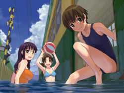 Rule 34 | 3girls, armpits, arms up, ball, beachball, bikini, black hair, breasts, brown eyes, brown hair, carrying overhead, casual one-piece swimsuit, cloud, day, female focus, flood, glasses, holding, holding ball, holding beachball, multiple girls, naruko hanaharu, one-piece swimsuit, original, outdoors, ponytail, power lines, purple eyes, purple hair, railroad crossing, school swimsuit, sky, string bikini, swimsuit, water