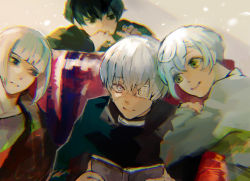 Rule 34 | 4boys, black hair, black sweater, blunt bangs, book, character request, couch, eyepatch, gender request, green eyes, grey background, grey eyes, highres, holding, holding book, kaneki ken, kyuuba melo, long sleeves, looking at viewer, multiple boys, open book, playing with another&#039;s hair, short hair, sitting, smile, sweater, tokyo ghoul, ui koori