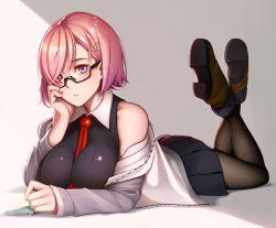 Rule 34 | 1girl, :&lt;, ankle boots, between breasts, black-framed eyewear, black dress, black pantyhose, boots, breasts, brown footwear, closed mouth, collared dress, crossed ankles, dress, dydydyok, expressionless, fate/grand order, fate (series), full body, glasses, gradient background, grey jacket, hair ornament, hairclip, hand on own cheek, hand on own face, highres, impossible clothes, impossible dress, jacket, large breasts, legs up, long sleeves, looking at viewer, lying, mash kyrielight, necktie, necktie between breasts, off shoulder, on stomach, pantyhose, pink hair, purple eyes, semi-rimless eyewear, shiny clothes, shoe soles, short hair, single bare shoulder, solo, the pose, track jacket, under-rim eyewear, unzipped, wing collar