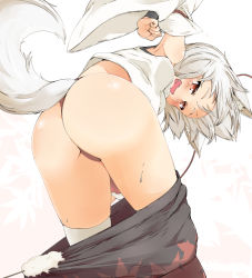 Rule 34 | 1girl, animal ears, arm up, armpits, ass, assisted exposure, bare shoulders, black skirt, clothes pull, commentary request, detached sleeves, embarrassed, from behind, fundoshi, highres, inubashiri momiji, japanese clothes, leaning forward, looking at viewer, looking back, mepikari, multicolored clothes, multicolored skirt, open mouth, pantsing, pom pom (clothes), red eyes, red skirt, ribbon-trimmed sleeves, ribbon trim, shirt, short hair, skirt, skirt pull, sleeveless, sleeveless shirt, solo, sweat, tail, tearing up, touhou, upshirt, wavy mouth, white shirt, wide sleeves, wolf ears, wolf tail