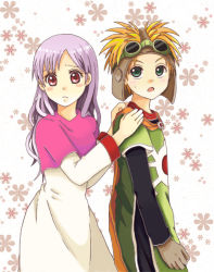 Rule 34 | 1boy, 1girl, bodysuit, cape, commentary request, dragon quest, dragon quest ii, dress, goggles, goggles on head, goggles on headwear, layered sleeves, long hair, long sleeves, prince of lorasia, prince of samantoria, princess, princess of moonbrook, purple eyes, purple hair, short hair, short over long sleeves, short sleeves, spiked hair, standing
