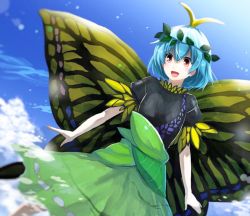 Rule 34 | 1girl, antennae, aqua hair, butterfly wings, cloud, cloudy sky, day, eternity larva, flying, hair ornament, hidden star in four seasons, insect wings, leaf hair ornament, lens flare, open mouth, red eyes, shirt, short hair, short sleeves, sketch, skirt, sky, smile, solo, touhou, traditional media, wings, zioase