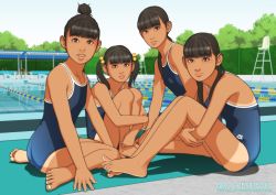 Rule 34 | 4girls, ass, barefoot, blush, breasts, competition school swimsuit, dark-skinned female, dark skin, feet, long hair, looking at viewer, md5 mismatch, mole, mole under mouth, multiple girls, one-piece swimsuit, ponytail, pool, resolution mismatch, school swimsuit, shinchou ni kansuru kousatsu, sitting, small breasts, smile, soles, source larger, swimsuit, tan, tanline, toes, twintails, wariza