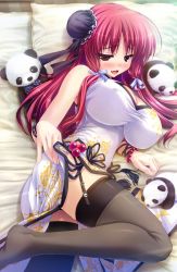 Rule 34 | 1girl, :d, absurdres, black thighhighs, breasts, chinese clothes, cleavage, fang, garter straps, highres, impossible clothes, large breasts, legs, open mouth, panda, pink eyes, pink hair, prism recollection!, renjou sayaka, shintarou, smile, solo, stuffed animal, stuffed panda, stuffed toy, thighhighs