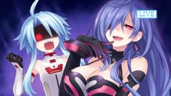 Rule 34 | 10s, 2girls, absurdres, ahoge, angry, bare shoulders, black gloves, blanc (neptunia), blue hair, breasts, cleavage, earrings, game cg, gloves, hair over one eye, half-closed eyes, highres, iris heart, jewelry, kami jigen game neptune v, large breasts, long hair, multiple girls, neptune (series), official art, open mouth, parted bangs, purple background, pururut, red eyes, shaded face, short hair with long locks, smile, tsunako, white heart (neptunia)
