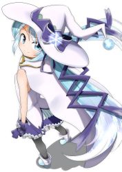 Rule 34 | 1girl, absurdres, blue eyes, blue hair, bow, colorized, from above, gloves, hat, hatsune miku, highres, kazenoko, long hair, looking at viewer, looking back, matching hair/eyes, purple gloves, smile, solo, twintails, very long hair, vocaloid, witch hat