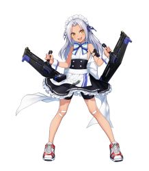 Rule 34 | 1girl, bandaid, bandaid on knee, bandaid on leg, bike shorts, bike shorts under skirt, counter:side, fang, full body, holding, holding weapon, maid, maid headdress, mone (counter:side), official art, open mouth, shoes, simple background, tonfa, weapon, white background, white hair, yellow eyes