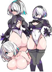 Rule 34 | 1girl, 2b (nier:automata), absurdres, aqua eyes, ass, back cutout, black blindfold, black dress, black hairband, blindfold, blue eyes, boots, breasts, cleavage, cleavage cutout, clothing cutout, curvy, dress, enpe, feather-trimmed sleeves, hairband, heattech leotard, high heel boots, high heels, highleg, highleg leotard, highres, huge ass, juliet sleeves, large breasts, leotard, lips, long sleeves, looking at viewer, looking back, mole, mole under mouth, multiple views, nier:automata, nier (series), no blindfold, nude, puffy sleeves, shiny skin, skindentation, smile, solo, thigh boots, thighhighs, thighhighs under boots, thong leotard, turtleneck, white hair, white leotard, wide hips