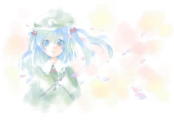 Rule 34 | 1girl, blue eyes, blue hair, blush, ech, female focus, hair bobbles, hair ornament, hat, kawashiro nitori, key, looking at viewer, matching hair/eyes, open mouth, petals, short hair, solo, touhou, twintails, two side up, wind