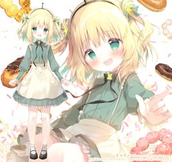 Rule 34 | 1girl, alternate hairstyle, amano pikamee, blonde hair, blush, commentary request, double bun, food, full body, green eyes, hair bun, hair ornament, headband, looking at viewer, official alternate costume, official art, shiratama (shiratamaco), shoes, solo, teeth, virtual youtuber, voms, white background